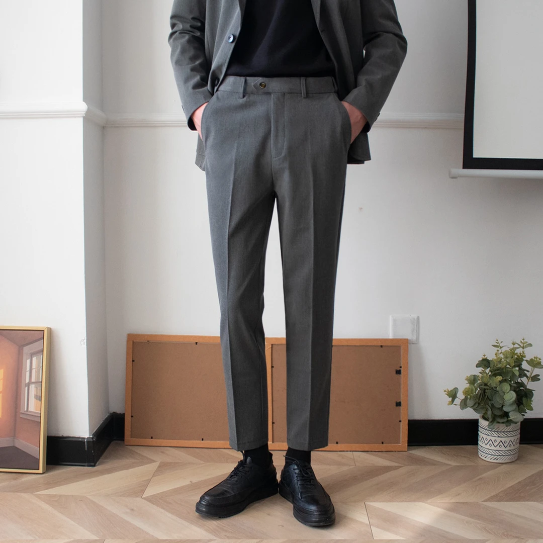 休闲西裤秋冬款男士隐形松紧腰设计微锥直筒免烫
