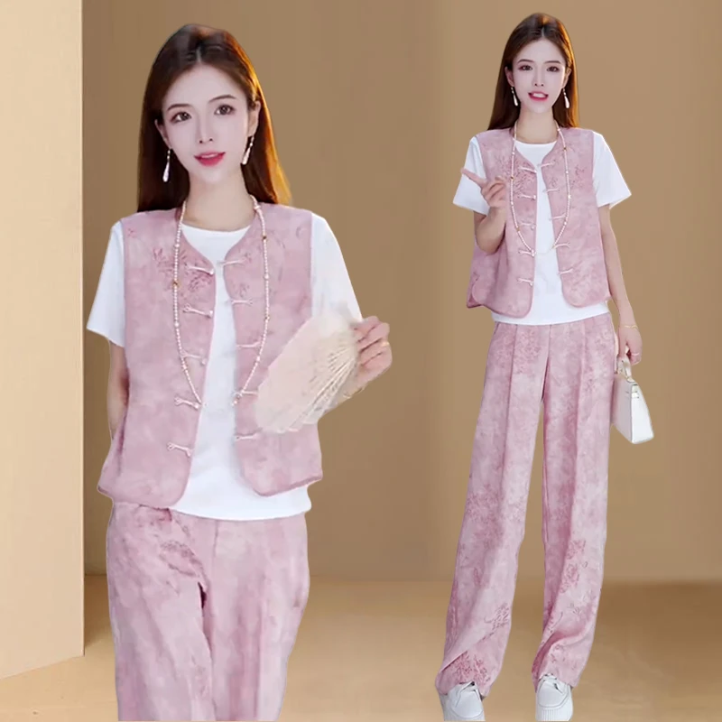 休闲简约气质百搭套装女2025年夏季新款显瘦上衣高腰长裤两件套潮