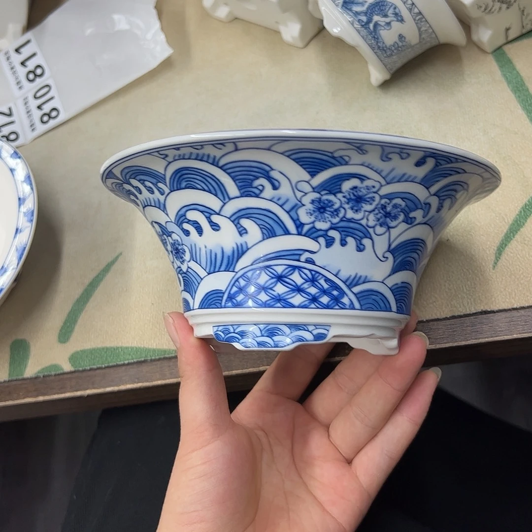 紫砂花盆809号瑕疵17/7cm仿手绘海浪花纹