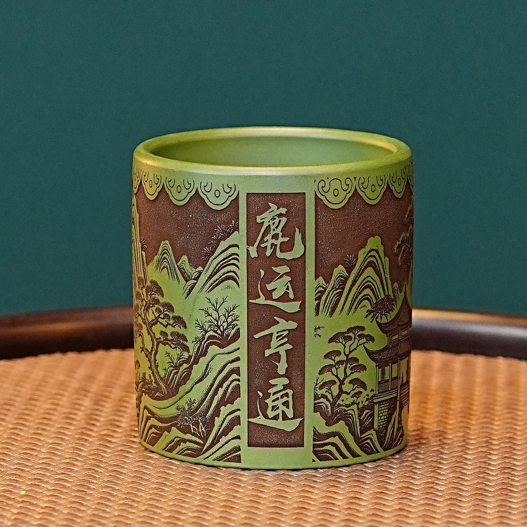 宜兴紫砂茶具 原矿绿泥料刻绘鹿运亨通主人杯品茗杯