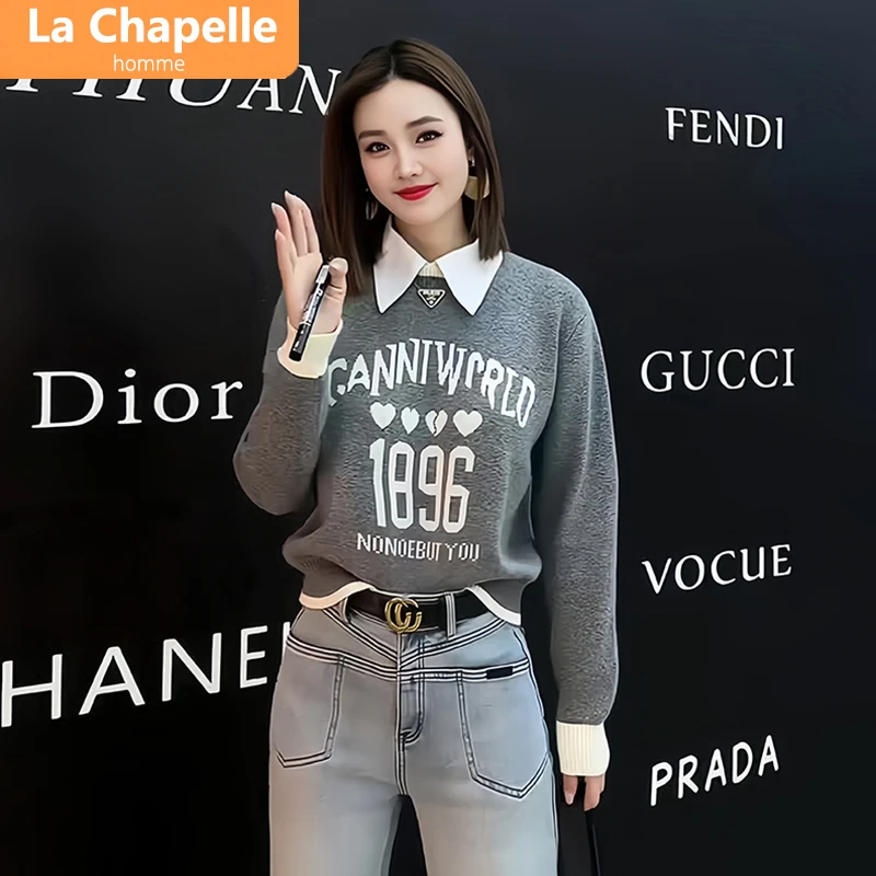秋冬季复古风宽松显瘦套头加厚字母减龄针织衫上衣女百搭打底衫
