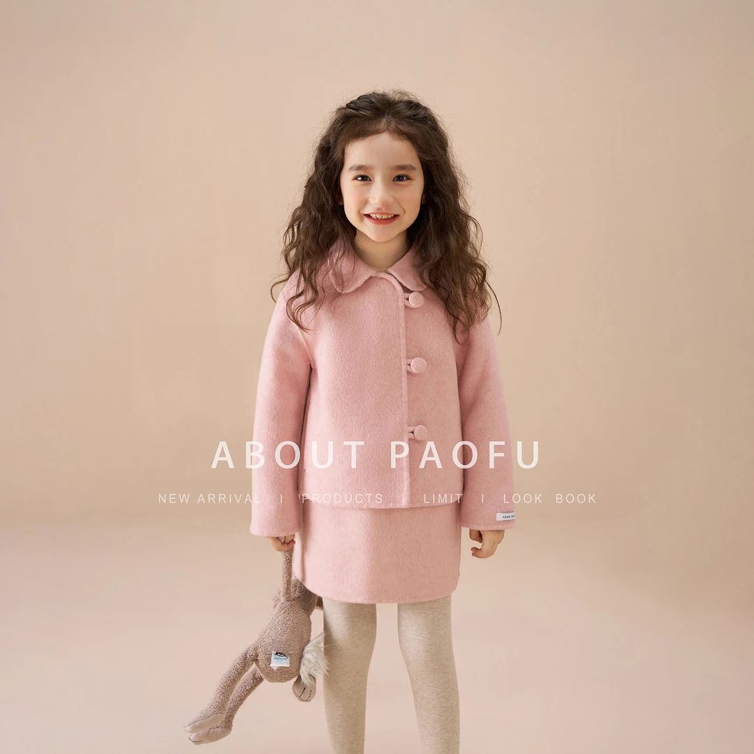 泡芙定制 2024冬季大衣儿童双面绵羊毛洋气毛呢套装 DY241021
