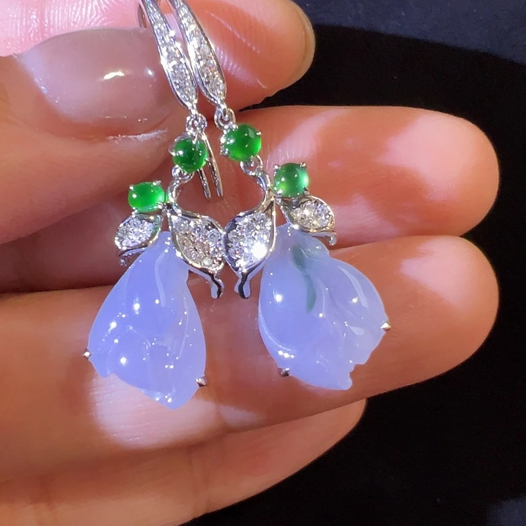 翡翠18K金镶嵌耳饰冰紫玉兰花耳坠
