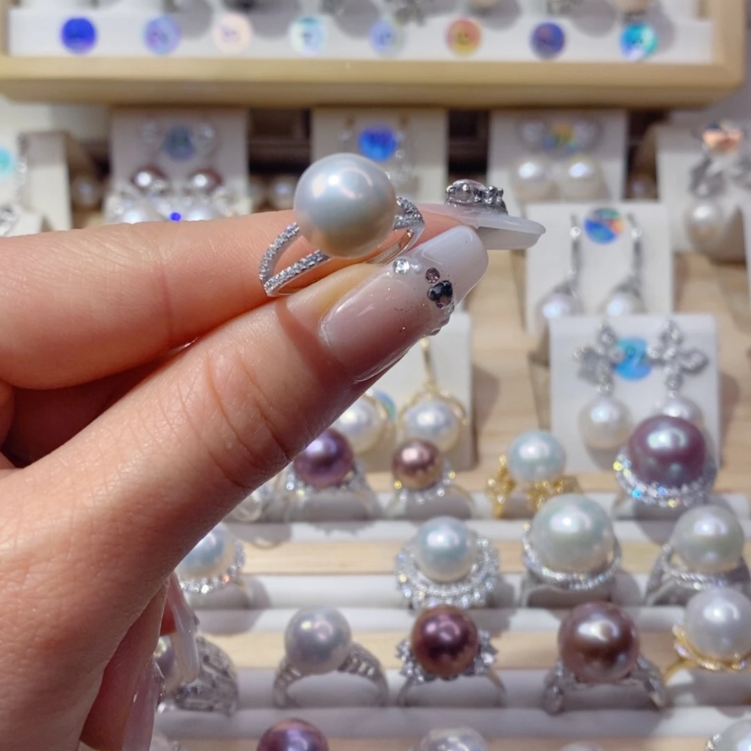 淡水珍珠戒指银S925镶嵌三*草