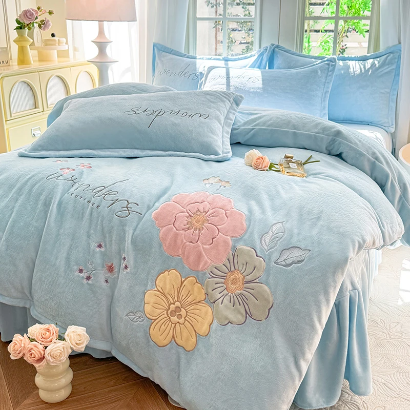 【梦境】蓝加厚贴布绣花牛奶绒四件套加绒被套柔软被罩床单