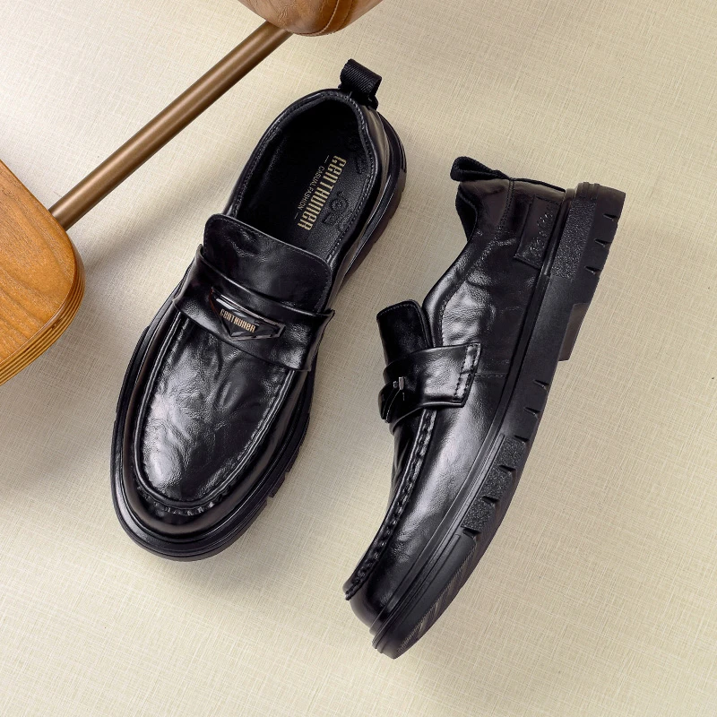 8925皮鞋男一脚蹬头层牛皮百搭男士休闲潮流厚底增高商务乐福鞋男