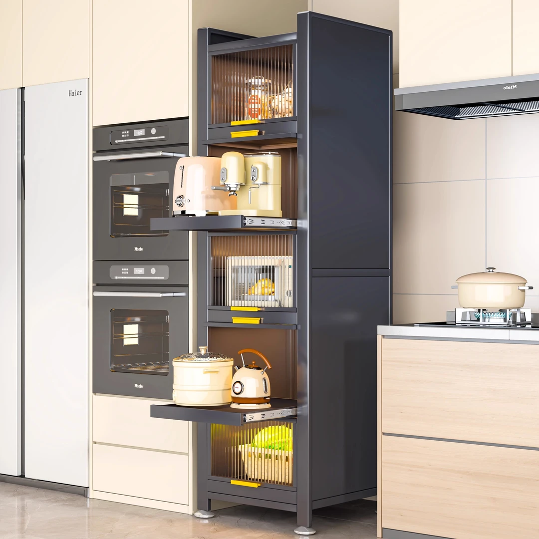 抽拉式厨房置物架家用微波炉收纳柜橱柜落地多层多功能夹缝储物柜