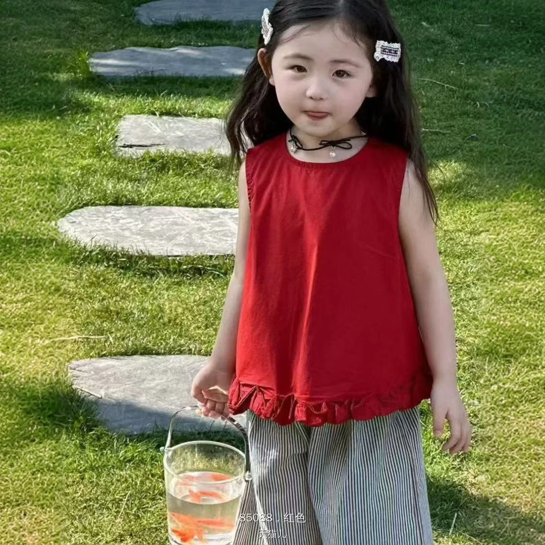 夏季鹿小鹿中童女童细条纹裤红色上衣套装纯棉无袖洋气纯色女宝