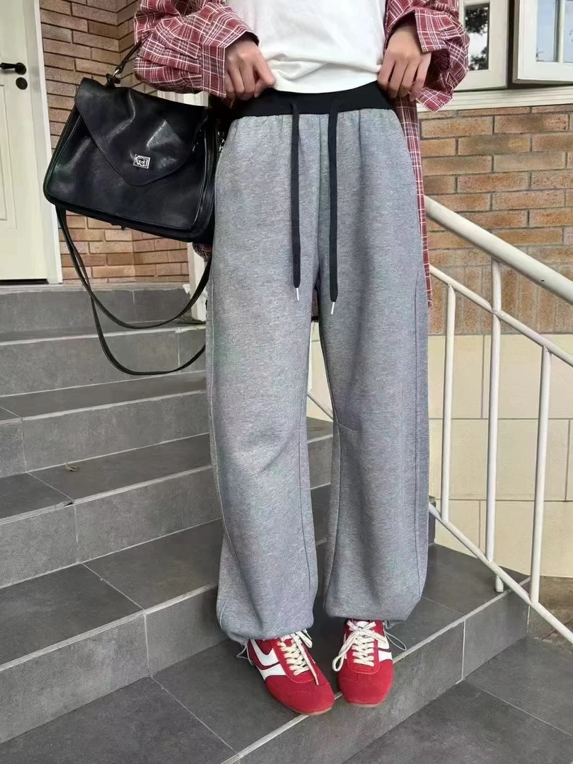 8881女装休闲中高腰拼色镰刀裤卫裤2025款 (裤长100)时尚宽松