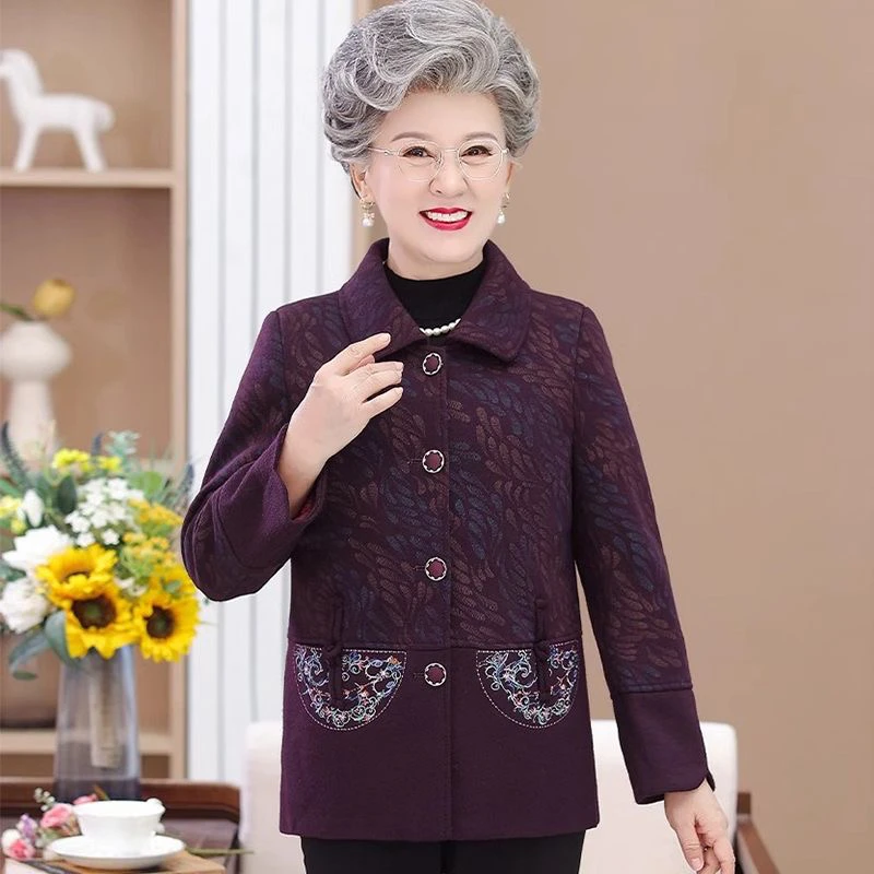 中老年女性春秋冬毛呢外套奶奶妈妈时尚洋气保暖上衣