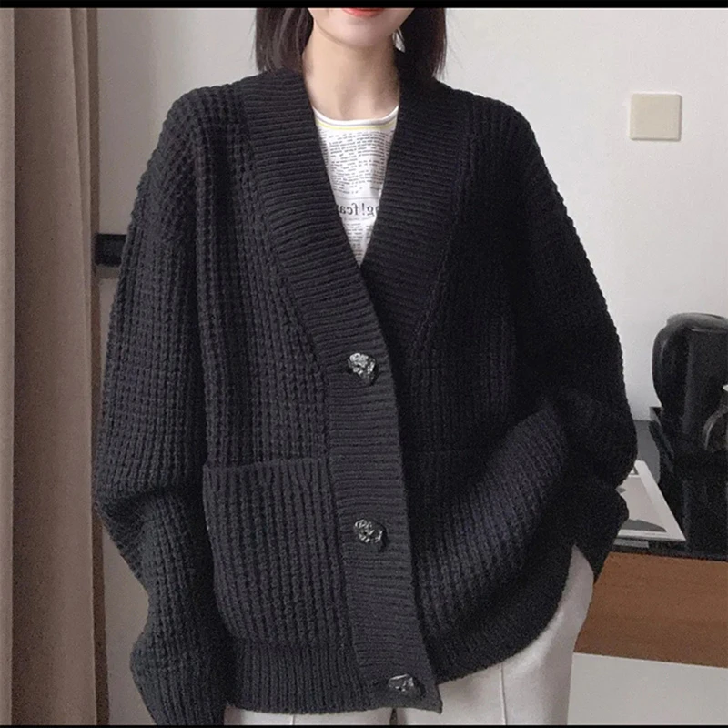 商场同款新款春季宽松V领慵懒风华夫格中长款针织开衫外套女装