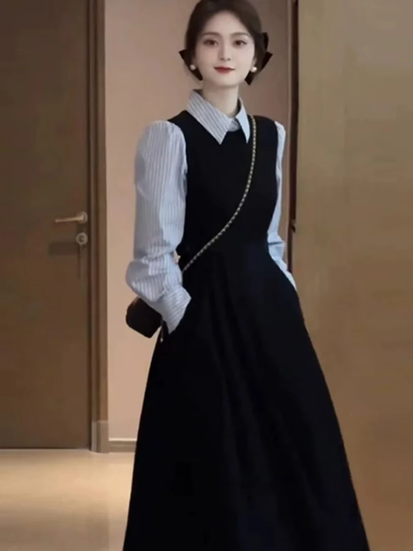 法式高级感时尚黑色连衣裙子女气质收腰连衣长裙4-050