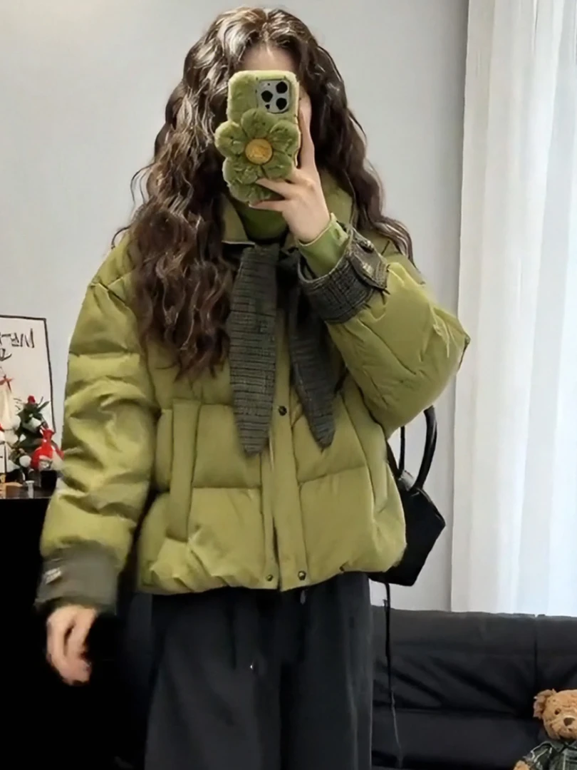 绿色短款拼接加厚保暖棉服2025冬季新款冬装棉衣今年流行棉袄女装