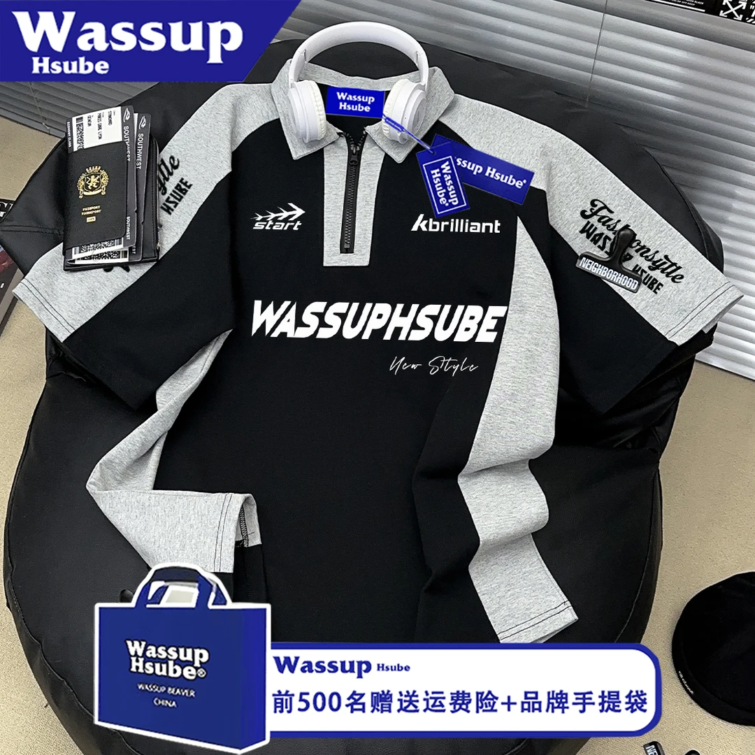 WASSUP HSUBE国潮牌高街字母印花拼色POLO衫男宽松半拉链短袖T恤