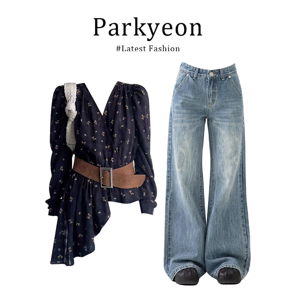 parkyeon秋季轻熟风不规则长袖碎花衬衫时尚百搭气质牛仔裤两件套
