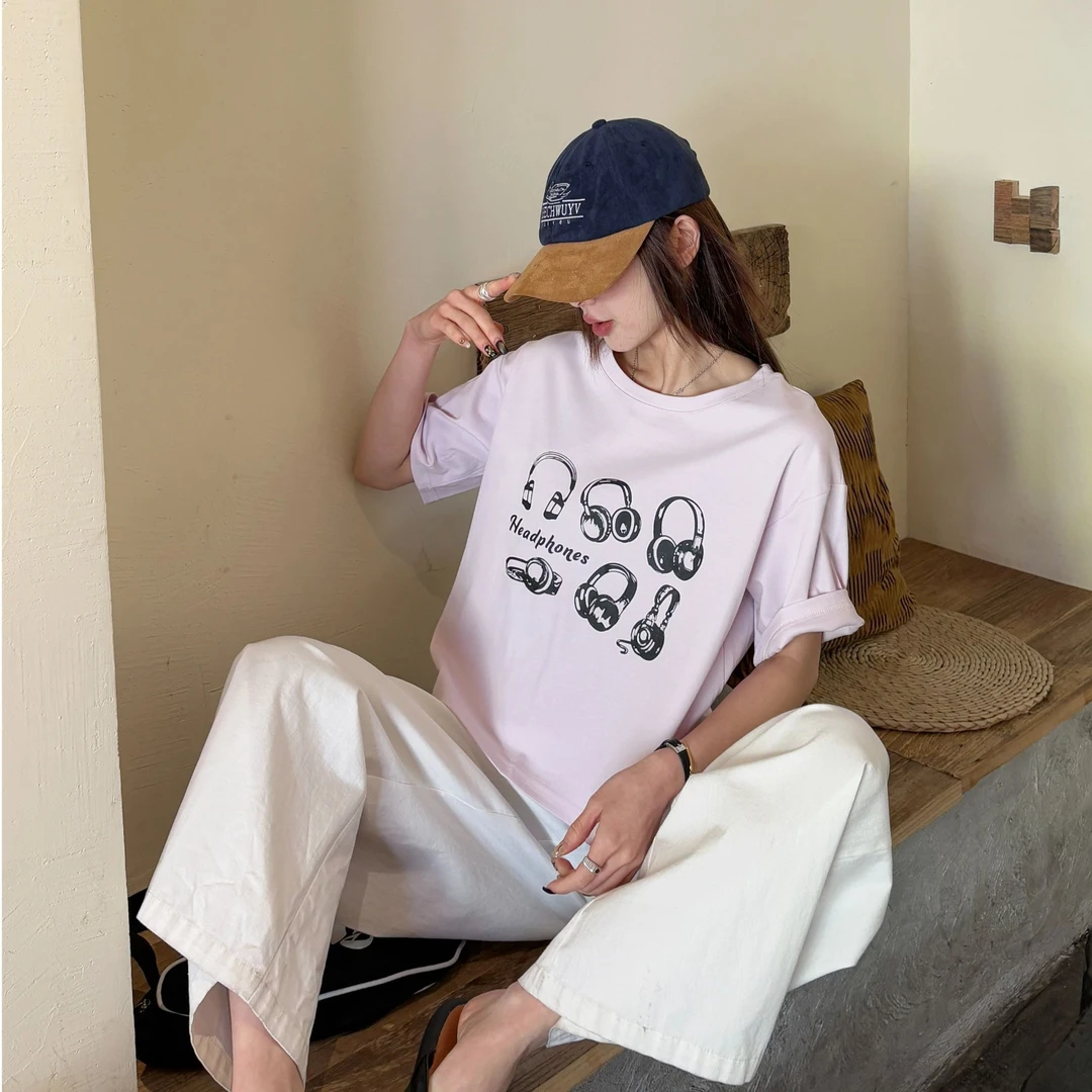 2025夏季新款耳麦字母印花圆领短袖时尚休闲宽松百搭遮肉显瘦T恤