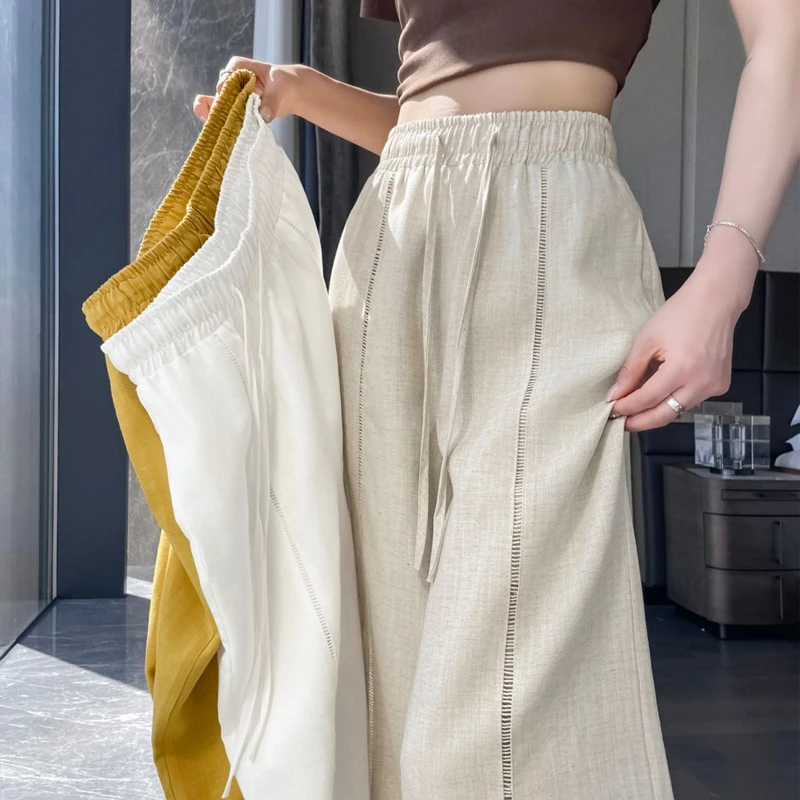 夏季慵懒风天丝亚麻阔腿裤女夏季薄款高腰宽松镂空麻山本拖地裤