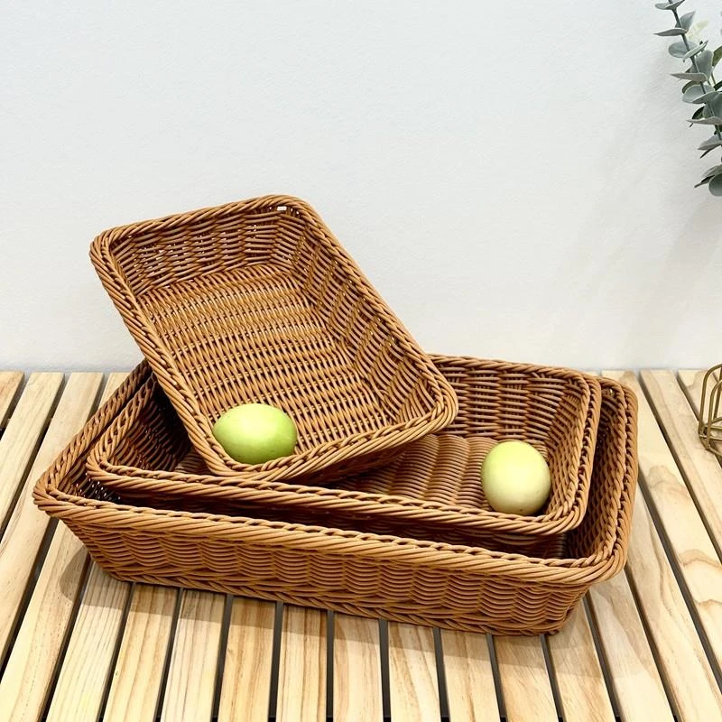 仿藤水果篮手工编织长方形面包筐商用水果店篮超市零食展示收纳筐