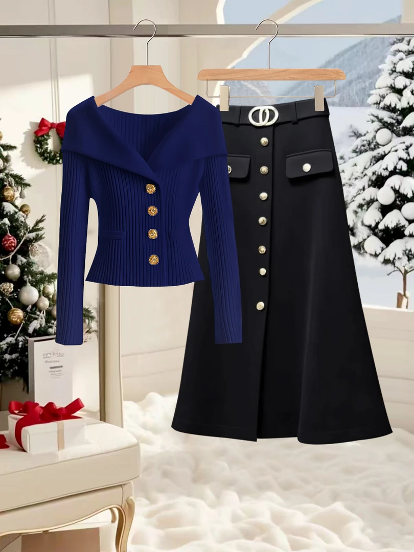 2025新款秋冬高级针织开衫毛衣女装搭轻熟感休闲半身裙两件套潮
