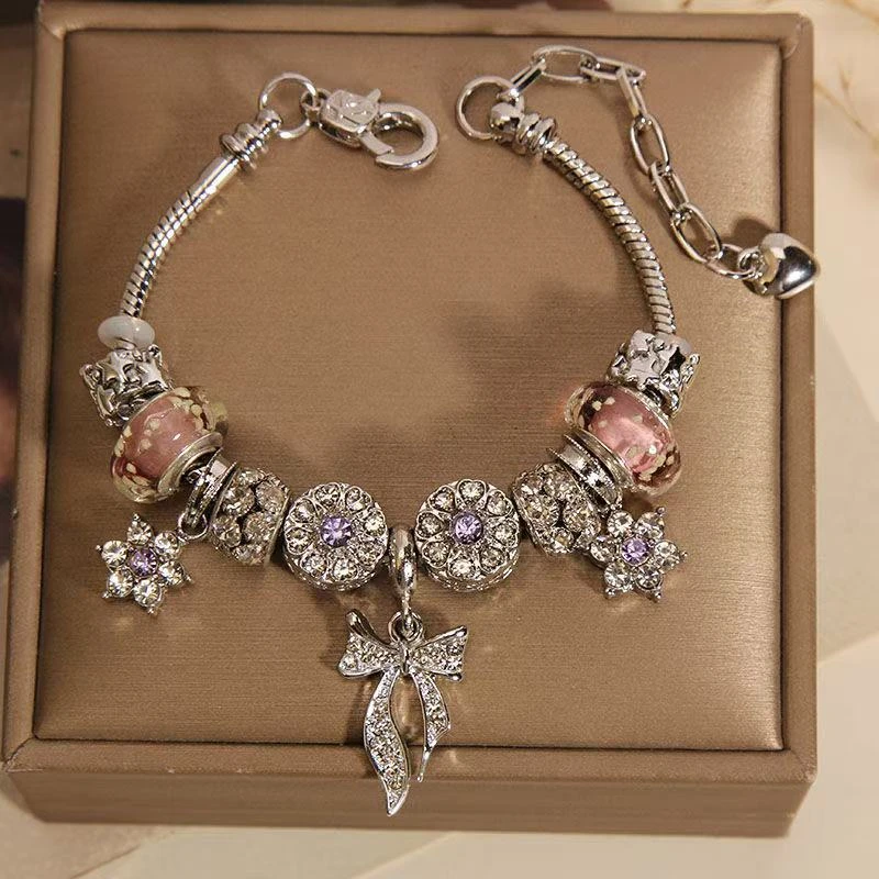 合金手镯 潘家粉色琉璃珠手链女ins轻奢小众精致飘带吊坠闺蜜手镯