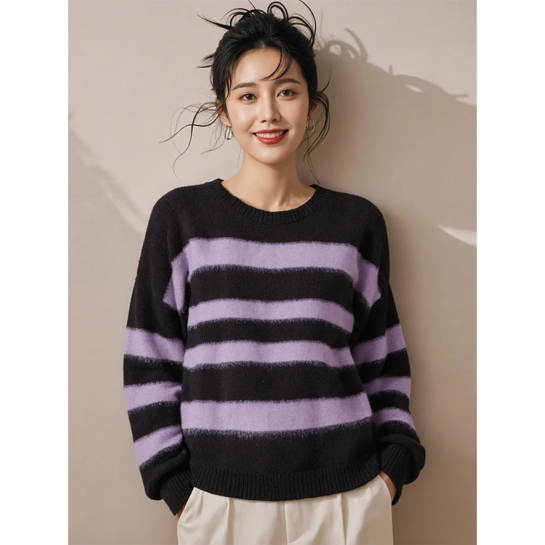 德玛纳｜【时尚慵懒风】冬季圆领堆堆袖拉绒条纹气质拼色针织衫女