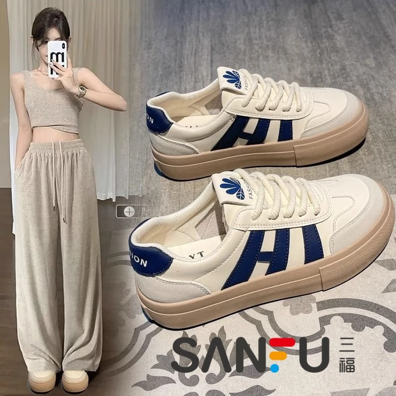 三福厚底阿甘鞋女2025新款夏季百搭运动网面透气三条杠小白鞋板鞋