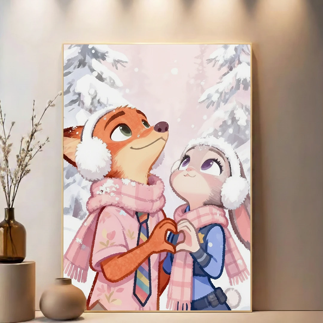 疯狂动物城尼克与朱迪雪景数字油画diy手绘填色画丙烯涂色填充画