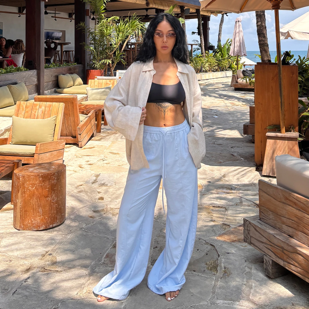 休闲裤女夏季薄款宽松显瘦直筒阔腿裤垂感舒适松紧腰浅蓝色拖地裤