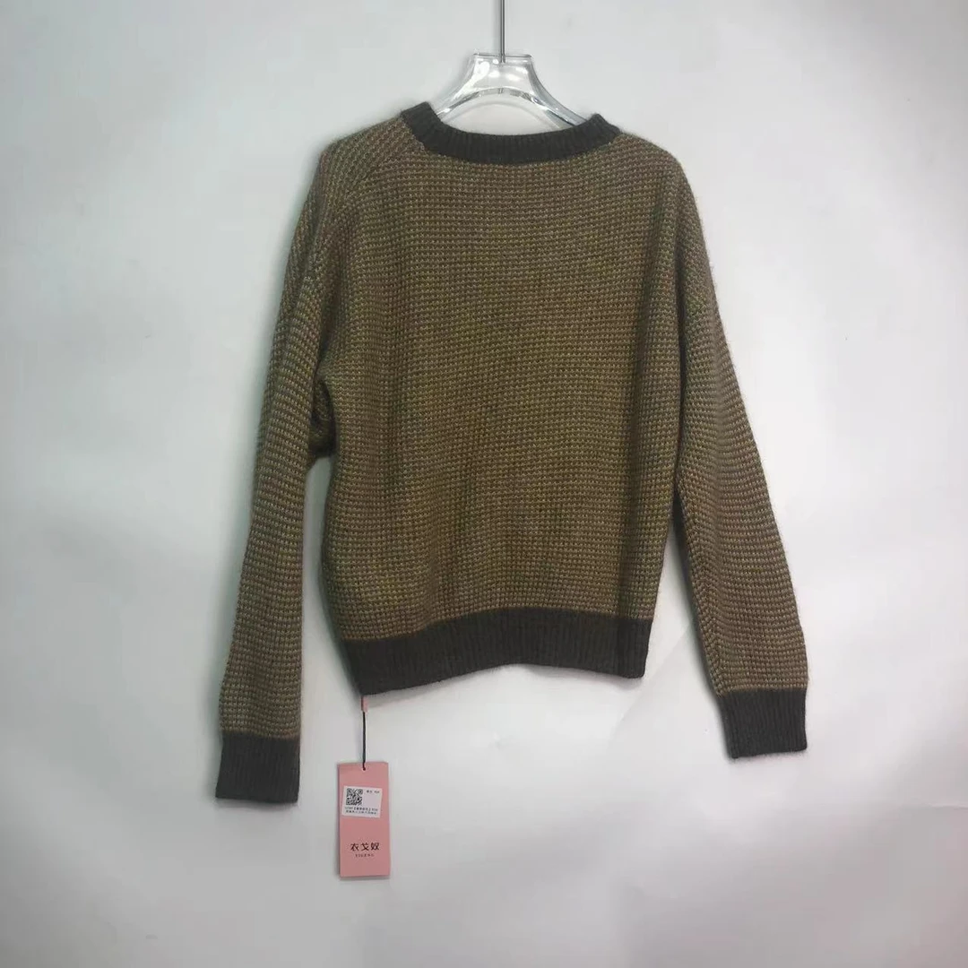 G2389【春季新款】时尚圆领黄色小方格子百搭毛衣035#