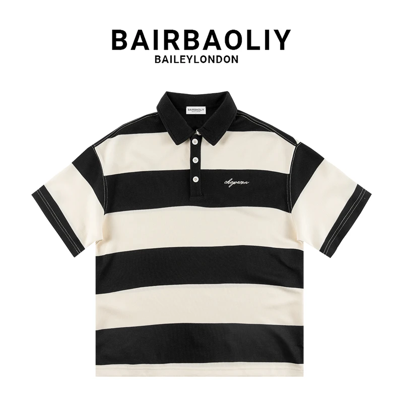 BAIRBAOLIY条纹刺绣Polo衫春夏宽松潮流时尚日系翻领短袖上衣新款
