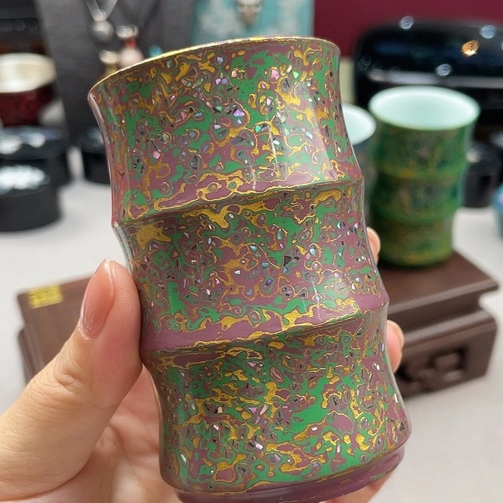 扬州漆器厂犀皮漆竹节杯紫金色