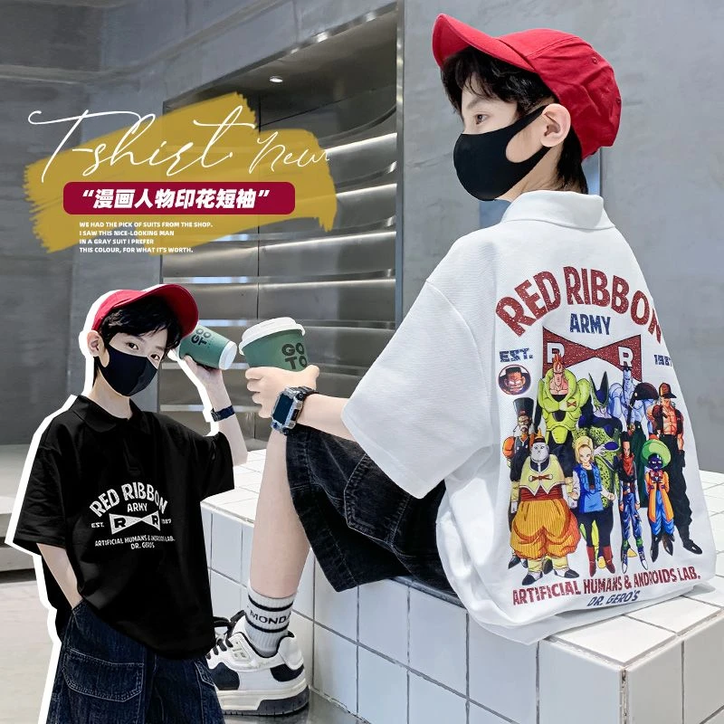 男童中大童短袖polo领t恤时髦帅气卡通印花纯色字母儿童春夏上衣