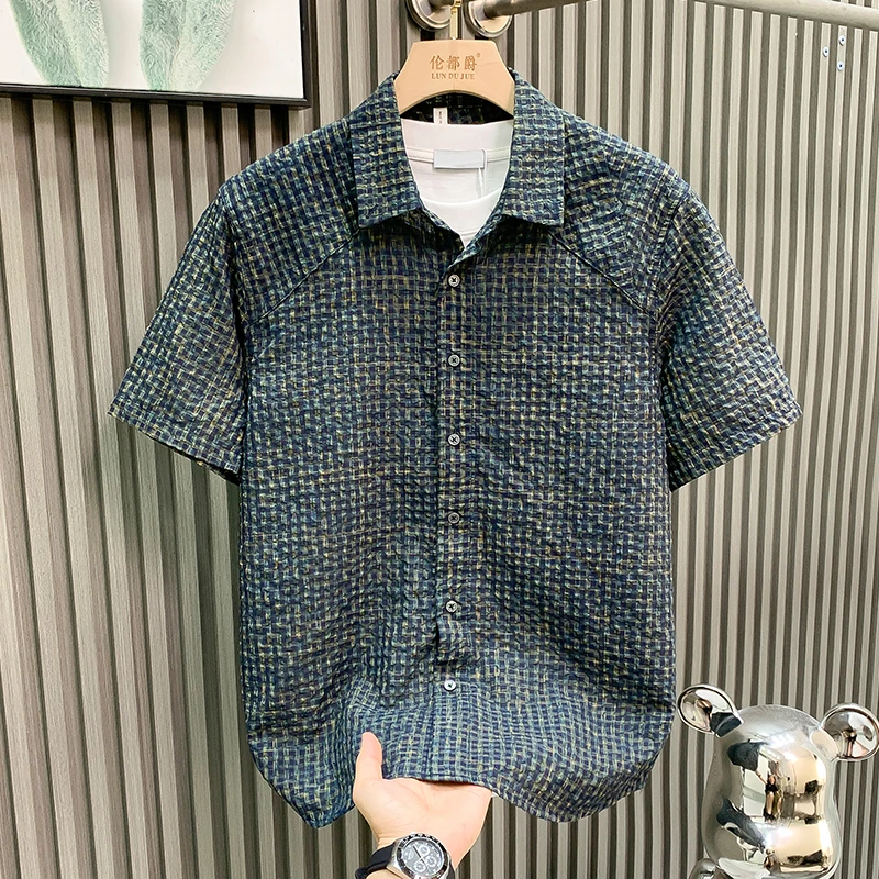 新款夏季日系潮流格子短袖衬衫男士时尚百搭文艺休闲宽松简约上衣