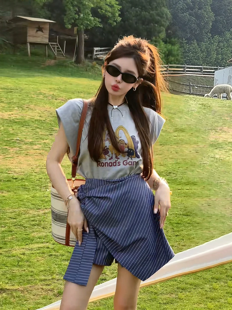 夏季新款设计感短款绑带裤裙韩系百搭小飞袖印花上衣时尚两件套女