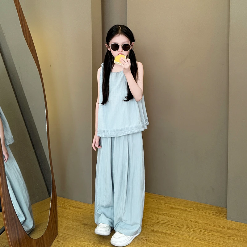 女童套装2025新款夏装洋气时髦甜美儿童无袖上衣休闲阔腿裤两件套
