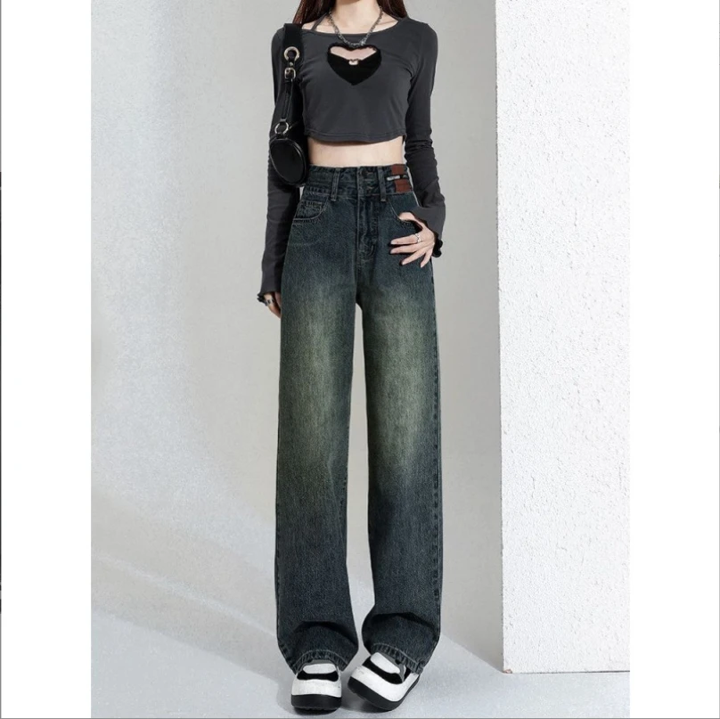 【54】2025新款美式百搭显瘦遮胯垂感阔腿裤高腰直筒牛仔裤女