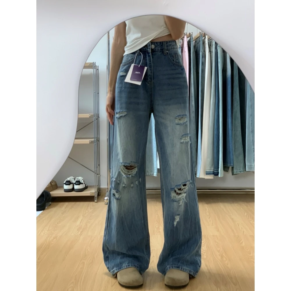 美式复古设计感破洞牛仔裤女2025春夏高腰宽松显瘦直筒阔腿拖地裤
