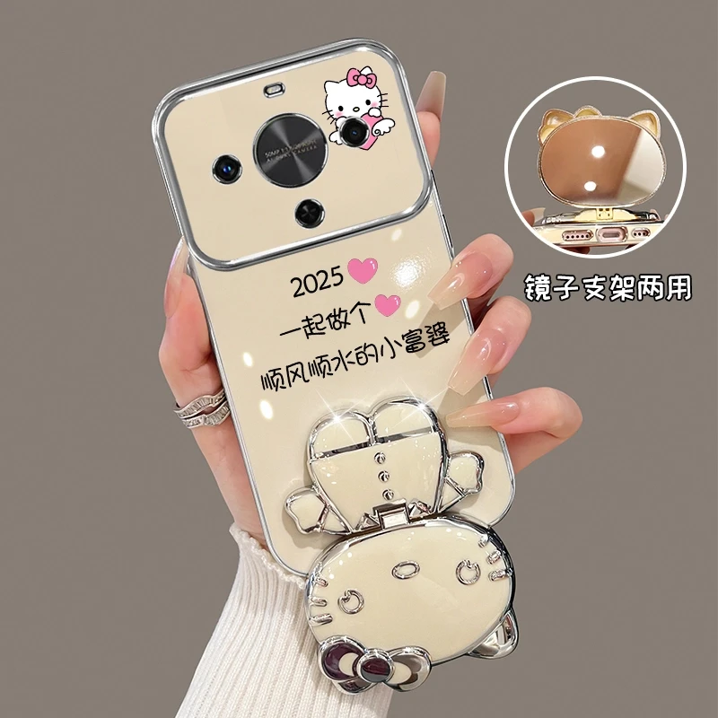 适用华为畅享70x手机壳做个顺风顺水富婆猫咪补妆镜支架防摔女款