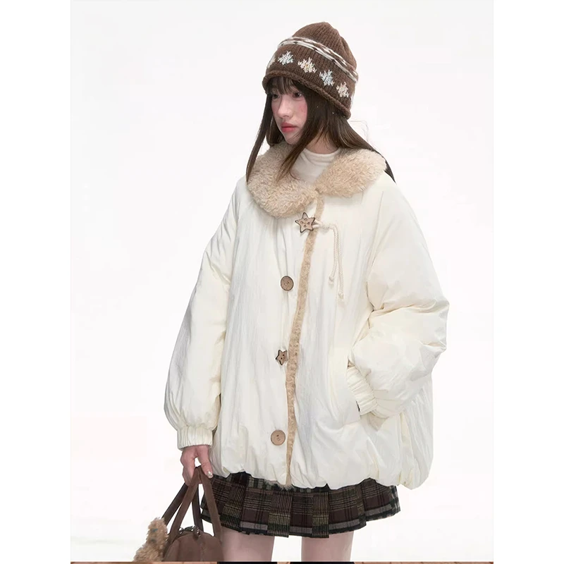 韩系温柔风可爱翻领棉服女2025年冬季新款加厚保暖宽松面包服外套