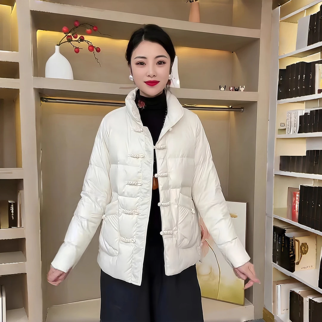 新中式白鸭绒羽绒服女装国风冬季复古文艺民族风盘扣纯色保暖外套
