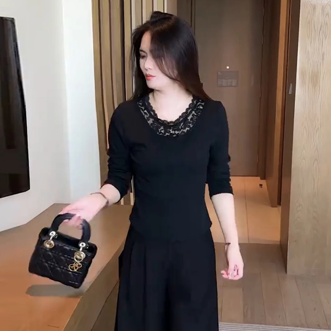 时尚套装女2025秋季新款设计感蕾丝拼接T恤上衣阔腿裤显瘦两件套