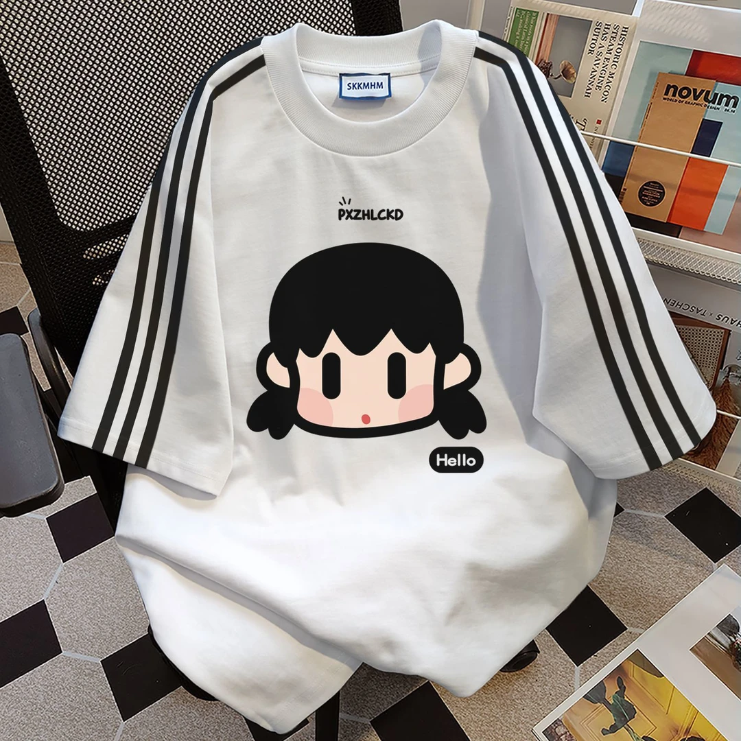 100%纯棉2025新款韩系复古三条杠t恤女夏季百搭短袖情侣款上衣ins