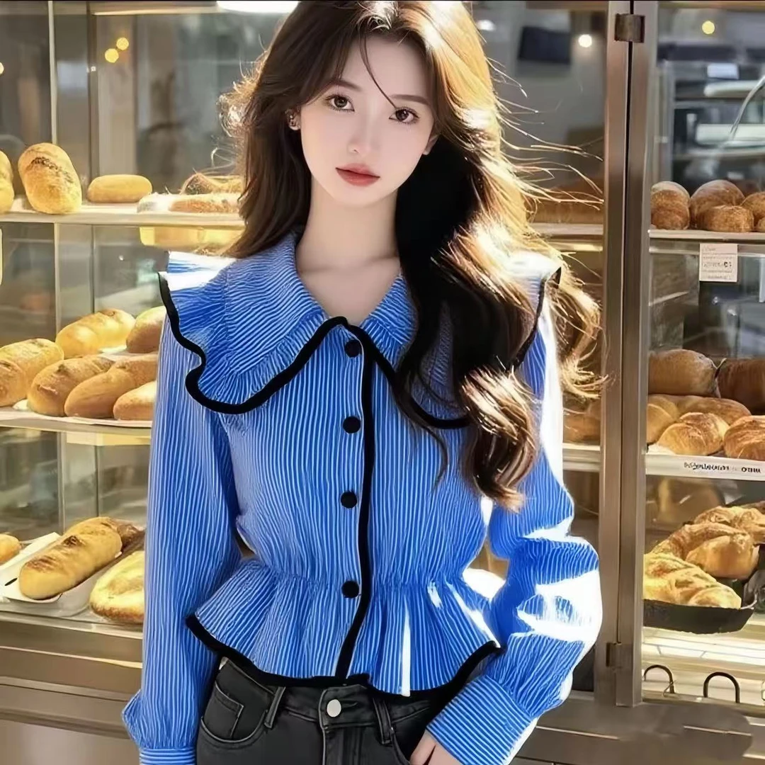 时尚气质蓝色翻领条纹长袖单排扣设计感上衣女法式休闲氛围感女装