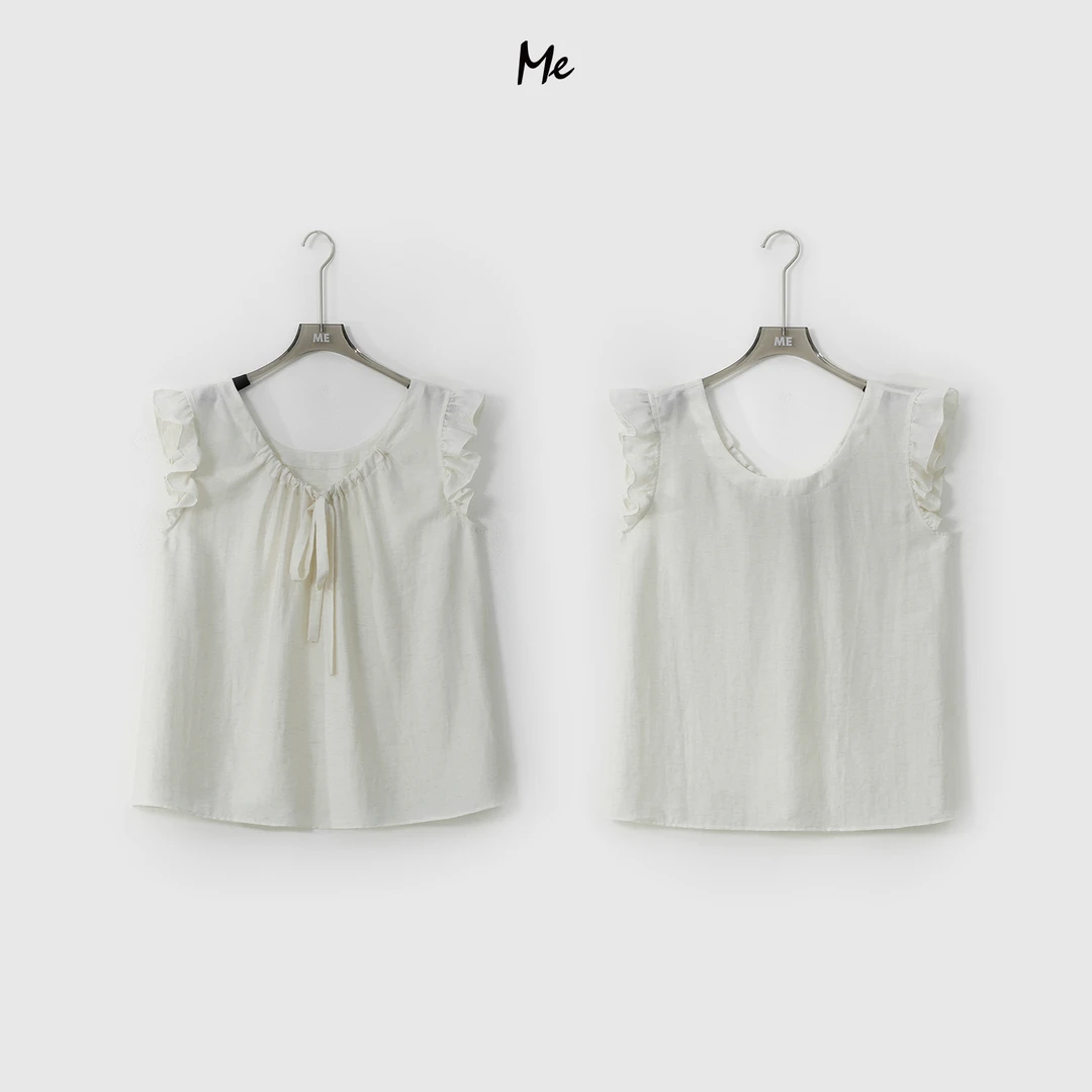 ME【白茶娃娃衫】亚麻混纺少女感木耳边显瘦时尚百搭上衣MESS6716