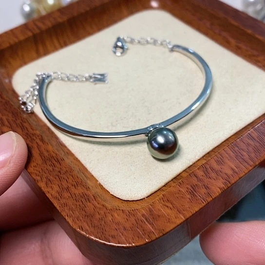 海水珍珠手镯银S925镶嵌9-10