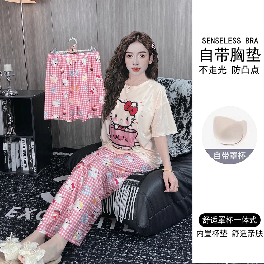 带胸垫夏季提花冰丝睡衣女短袖薄款三件套宽松卡通家居服套装夏天