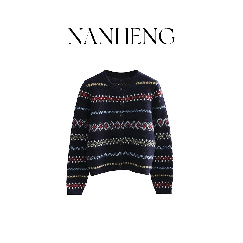 121001轻奢美式复古重工费尔岛提花绵羊毛修身短款针织开衫