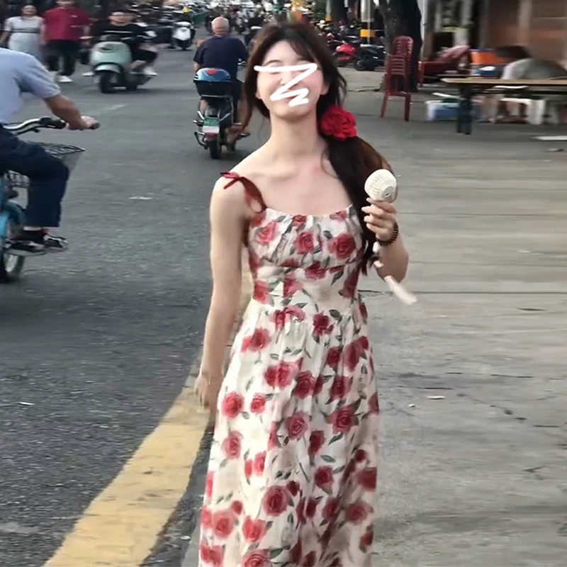 2929碎花显瘦气质时尚复古长款连衣裙子红色宽松夏季