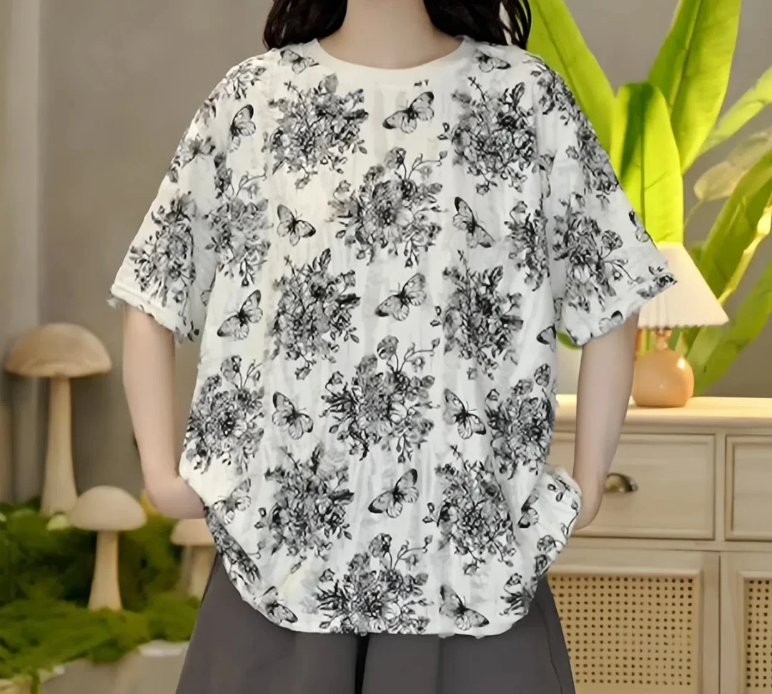 短袖休闲风女性蝴蝶印花圆领T恤套装清冷新中式气质长袖运动时尚
