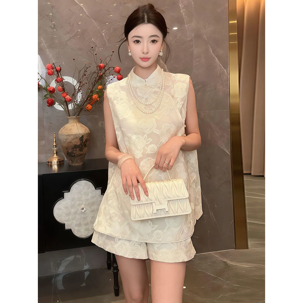 国风新中式时尚套装女夏季2026年新款韶光年华无袖上衣短裤两件套